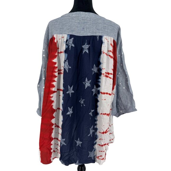 John Mark Embroidered Linen Tunic Top Women's Plus Size 3X Blue Stars USA Flag - Picture 1 of 7